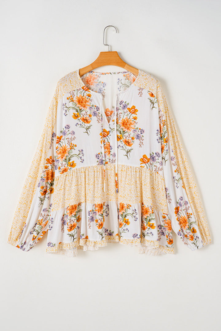 Plus Size Floral Print V Neck Puff Sleeve Blouse