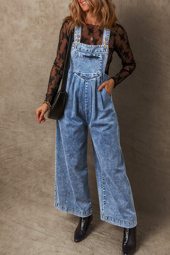 Mineral Wash Buttoned Straps Wide Leg Denim Overalls