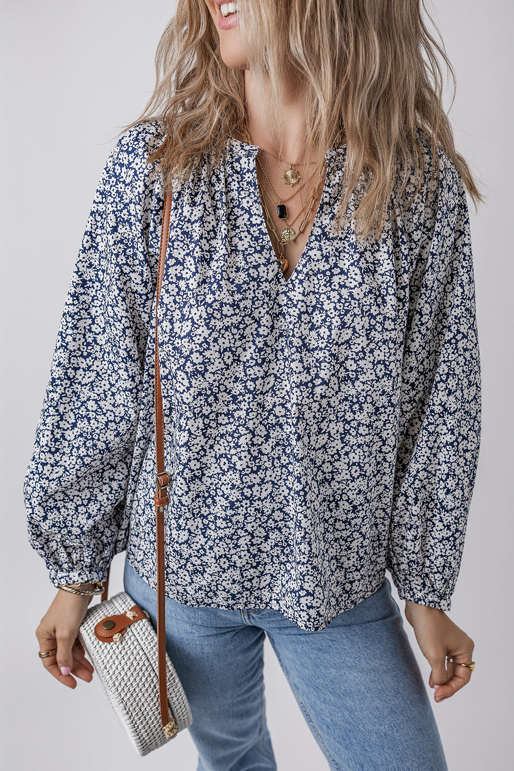 Floral Print Notched V Neck Puff Sleeve Blouse