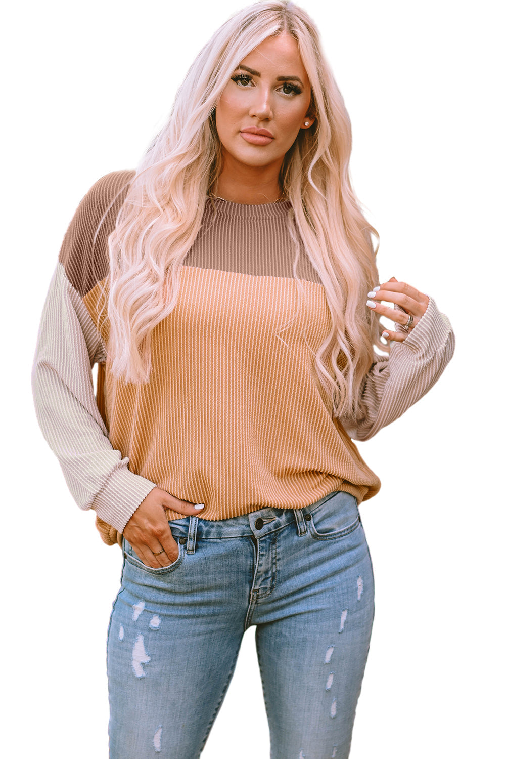 Color Block Long Sleeve Ribbed Loose Top