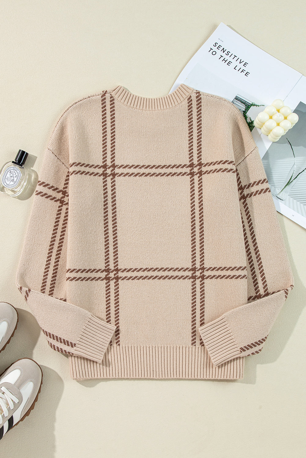 Plaid Pattern Knitted Drop Shoulder Sweater