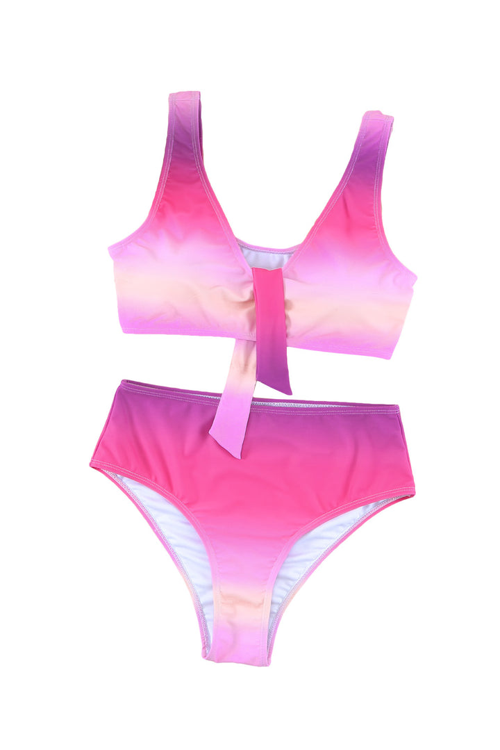 Gradient Color Knotted V Neck Bikini Swimsuit