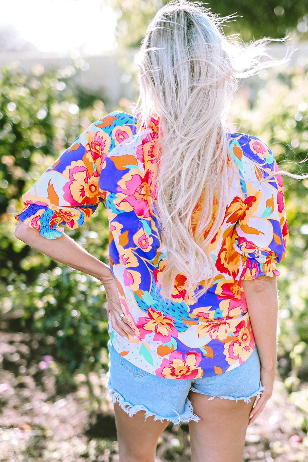 Floral Split Neck Frilled Bubble Sleeve Blouse