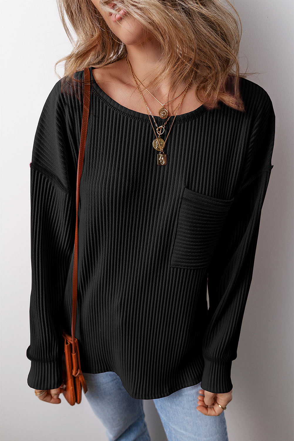 Solid Color Corded Drop Shoulder Long Sleeve Top