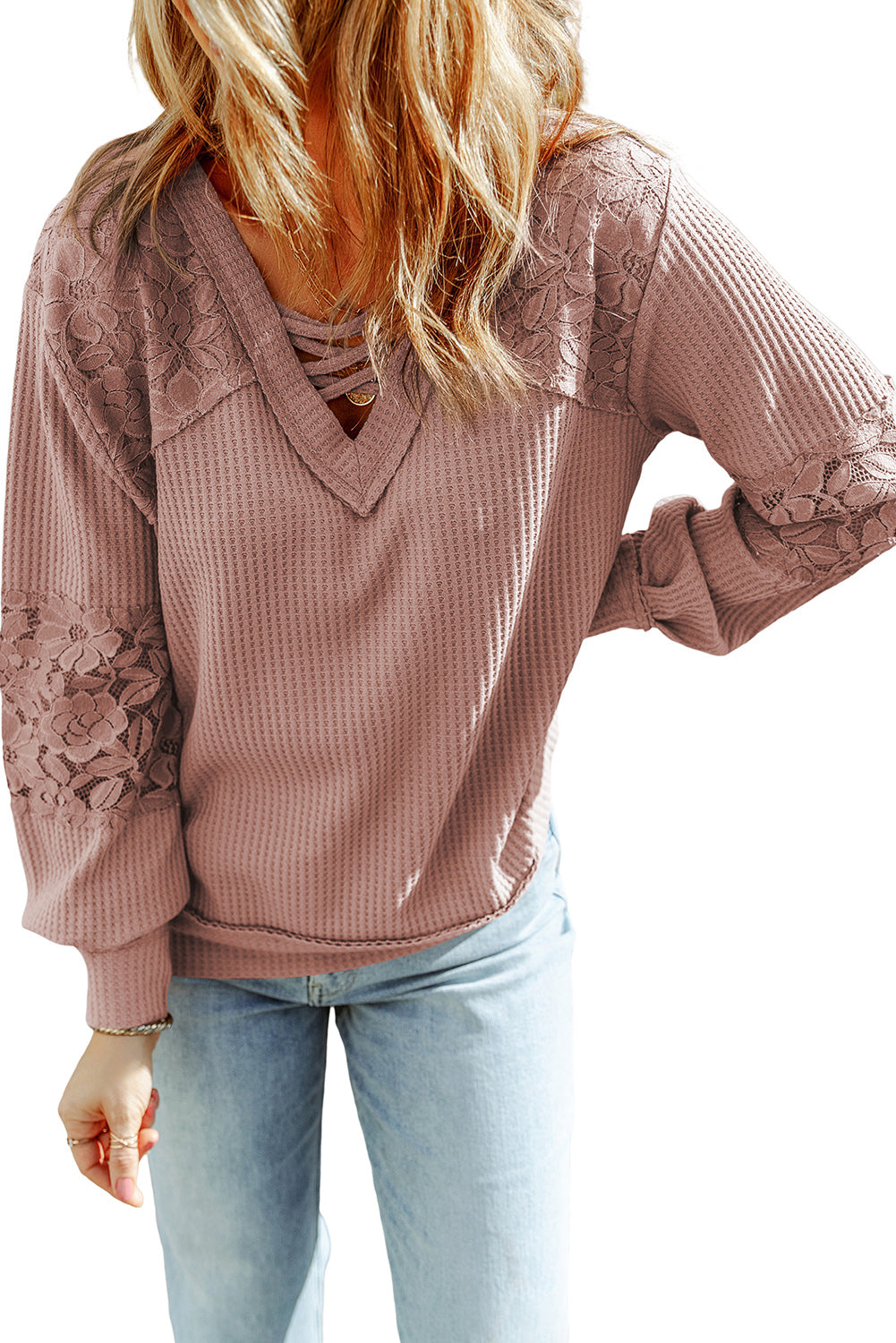 Lace Waffle Patchwork Strappy V Neck Long Sleeve Top