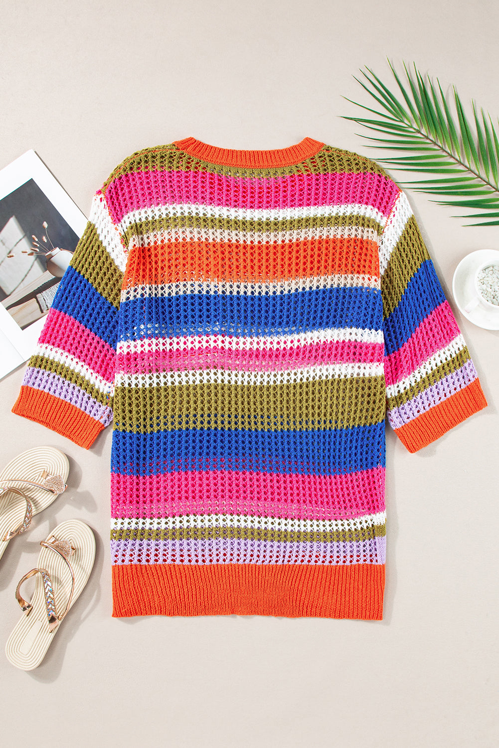 Colorblock Hollowed Crochet 3/4 Sleeve Sweater