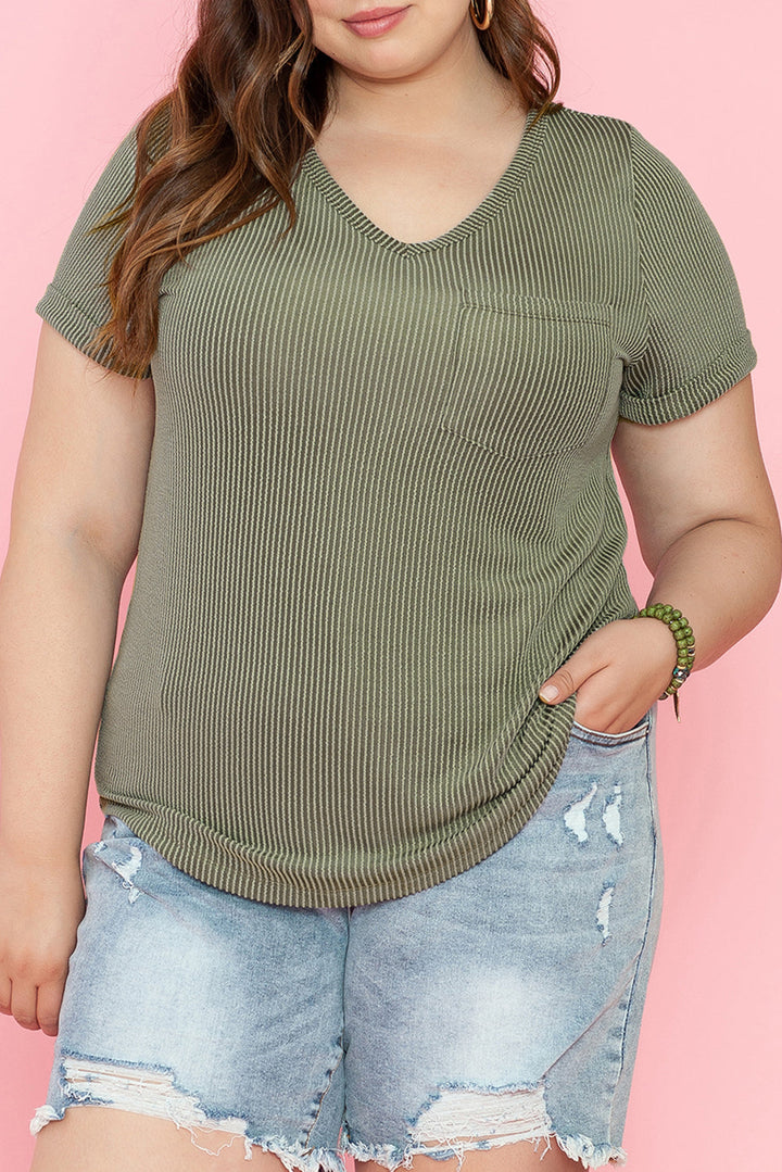 Plus Size Corded V Neck Patch Pocket Tee