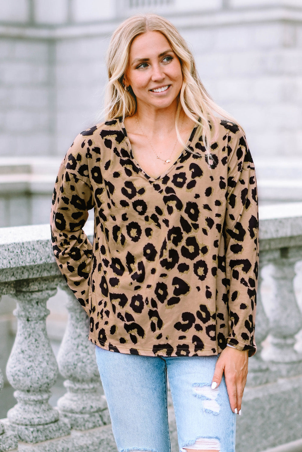 Leopard Split Joint V Neck Long Sleeve Tops