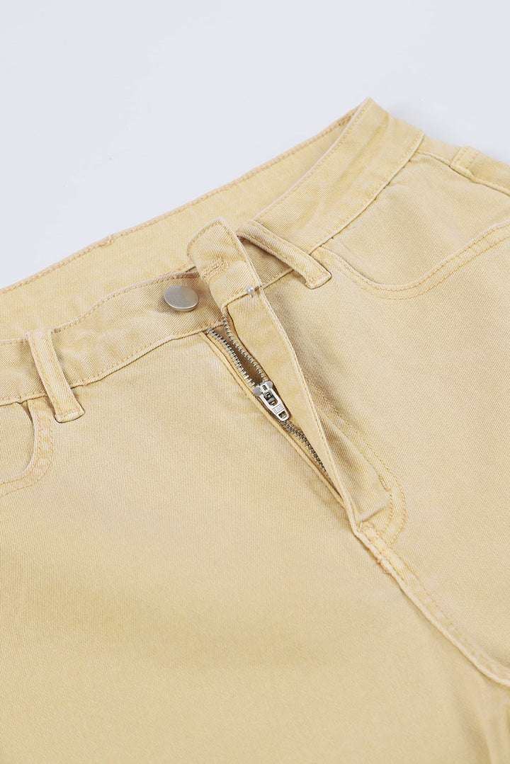 Khaki Raw Edge Mid Waist Flared Jeans