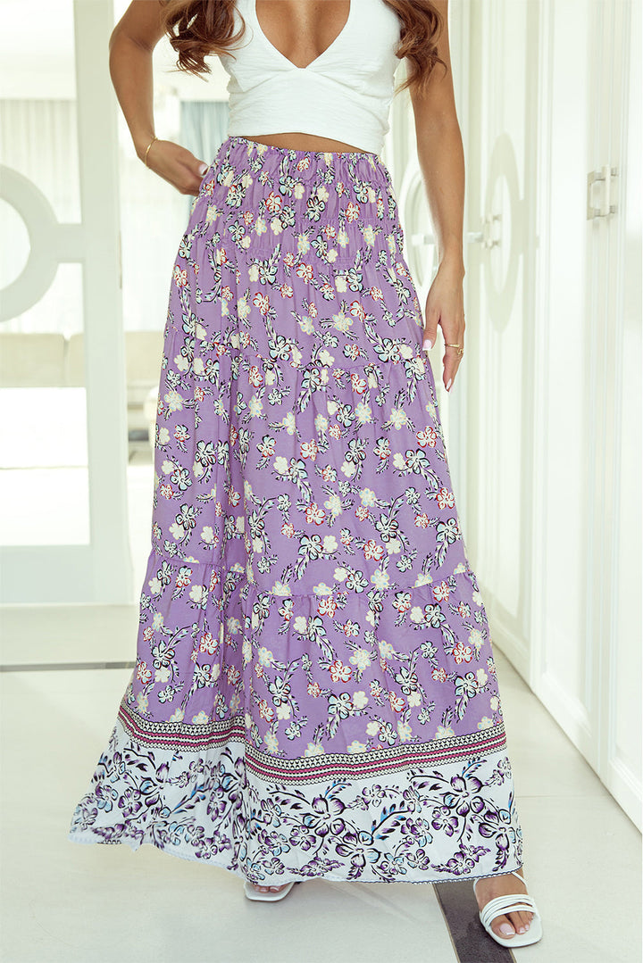 Floral Print Shirred High Waist Maxi Skirt