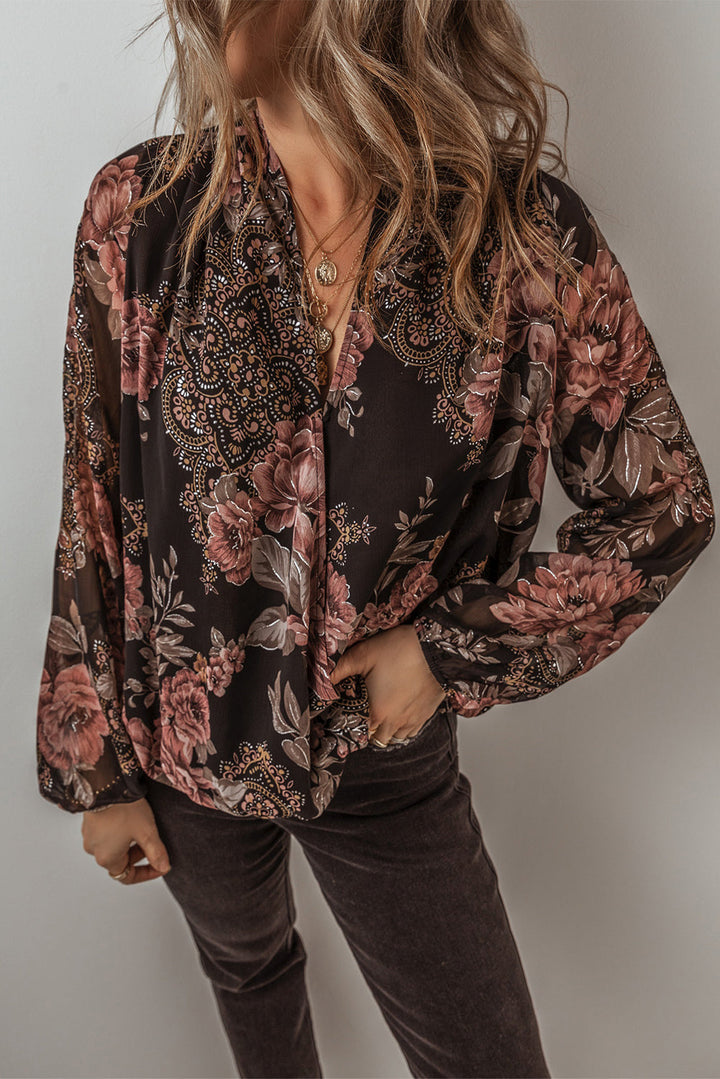 Floral Print Criss Cross V Neck Balloon Sleeve Blouse