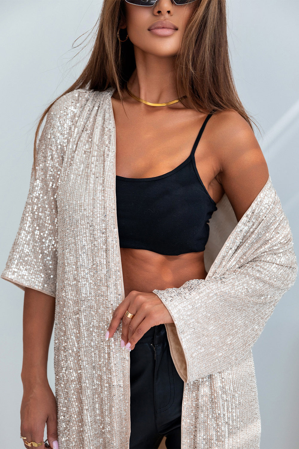 Sequin 3/4 Sleeve Open Front Duster Kimono