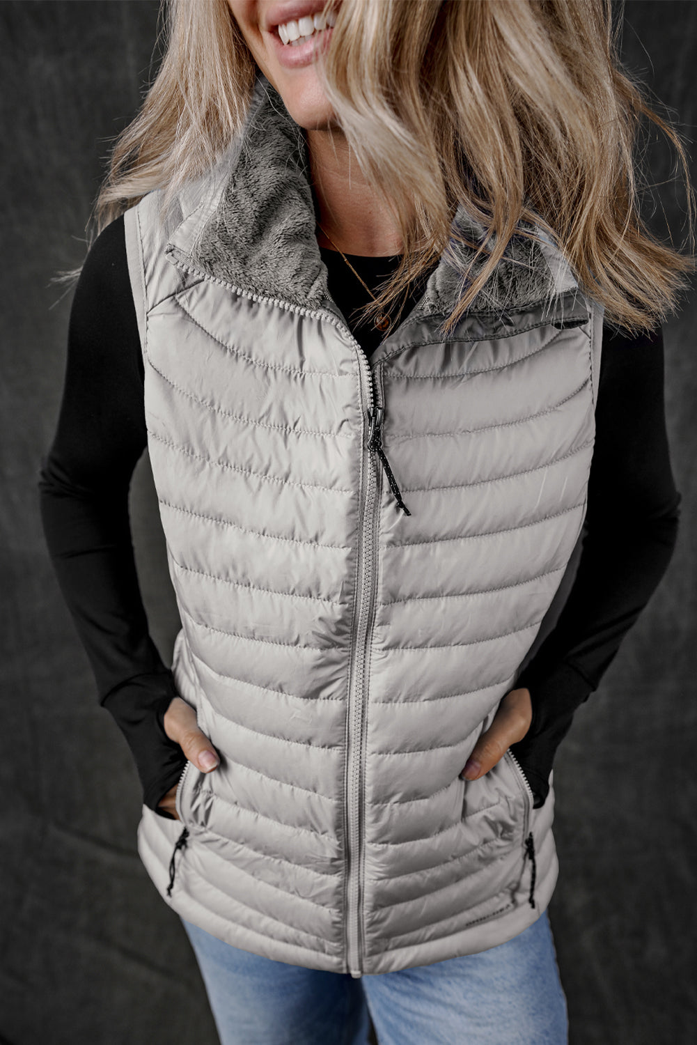 Plush Collared Quilted Zipped Puffer Vest