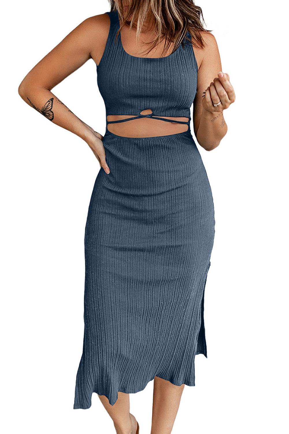 Criss Cross Cut-out Slits Sleeveless Midi Dress