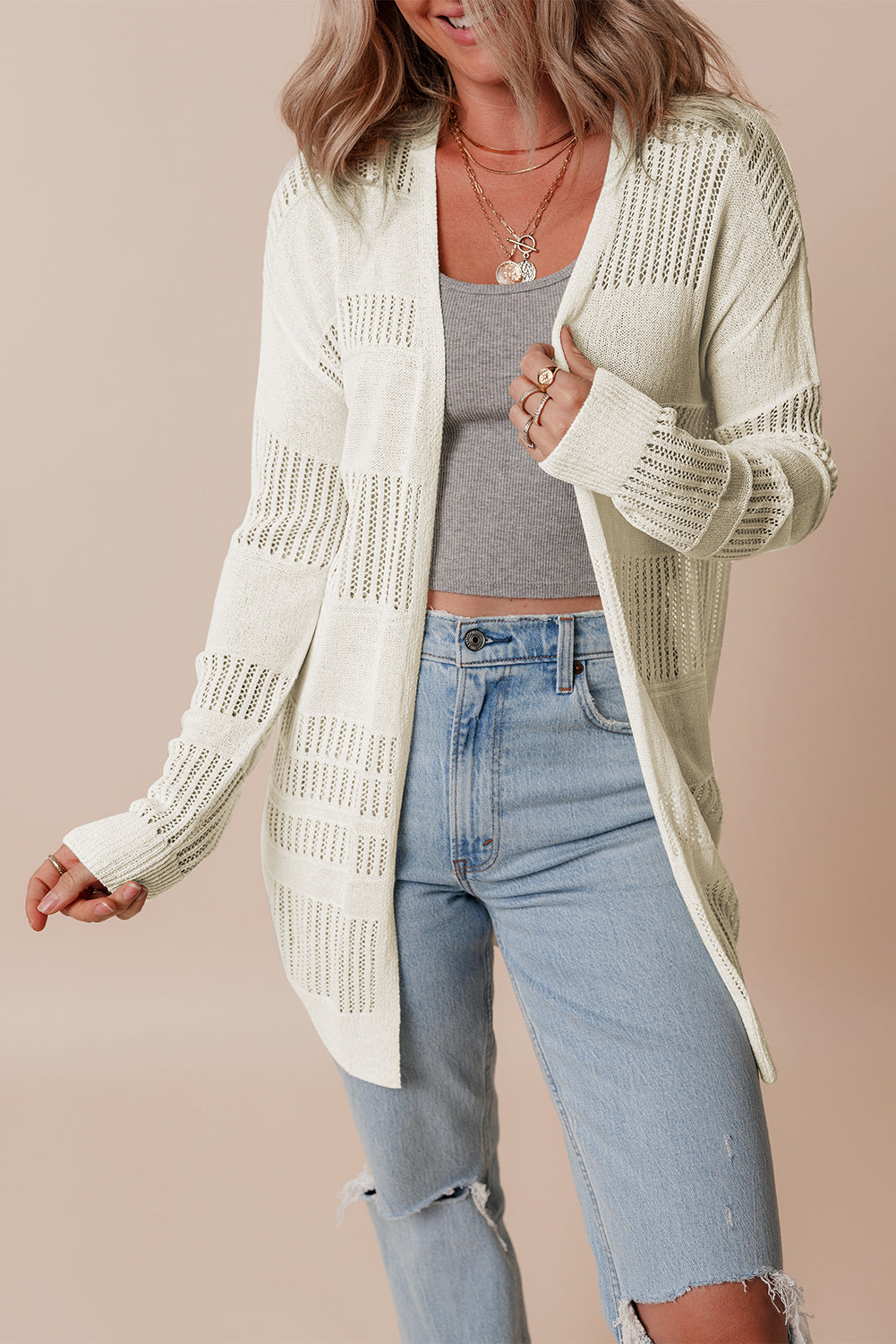 Solid Color Lightweight Open Knit Tunic Cardigan