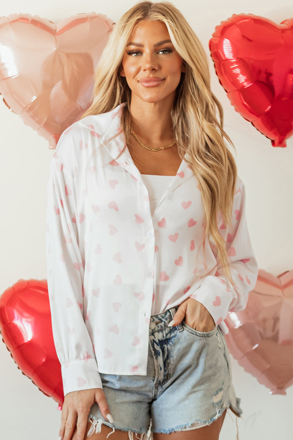 Love Heart Print Drop Shoulder Puff Sleeve Shirt