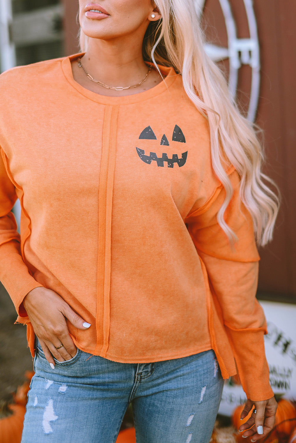 Halloween Pumpkin Face Exposed Seam Patchwork Sweatshirt