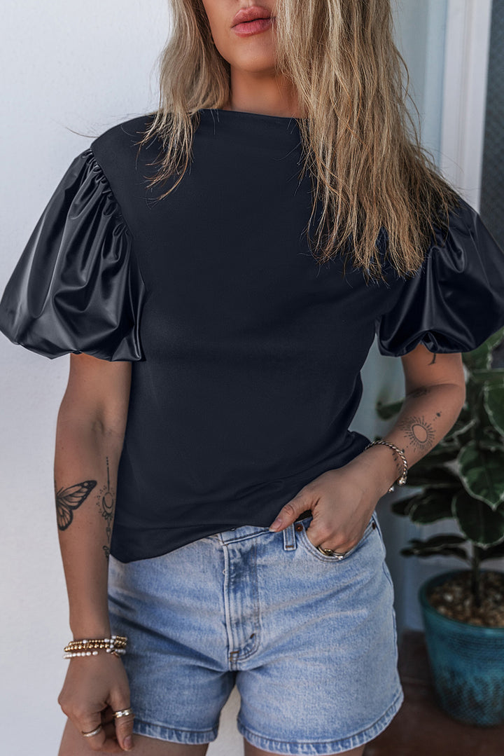 Black Faux Leather Puff Short Sleeve Mock Neck Top