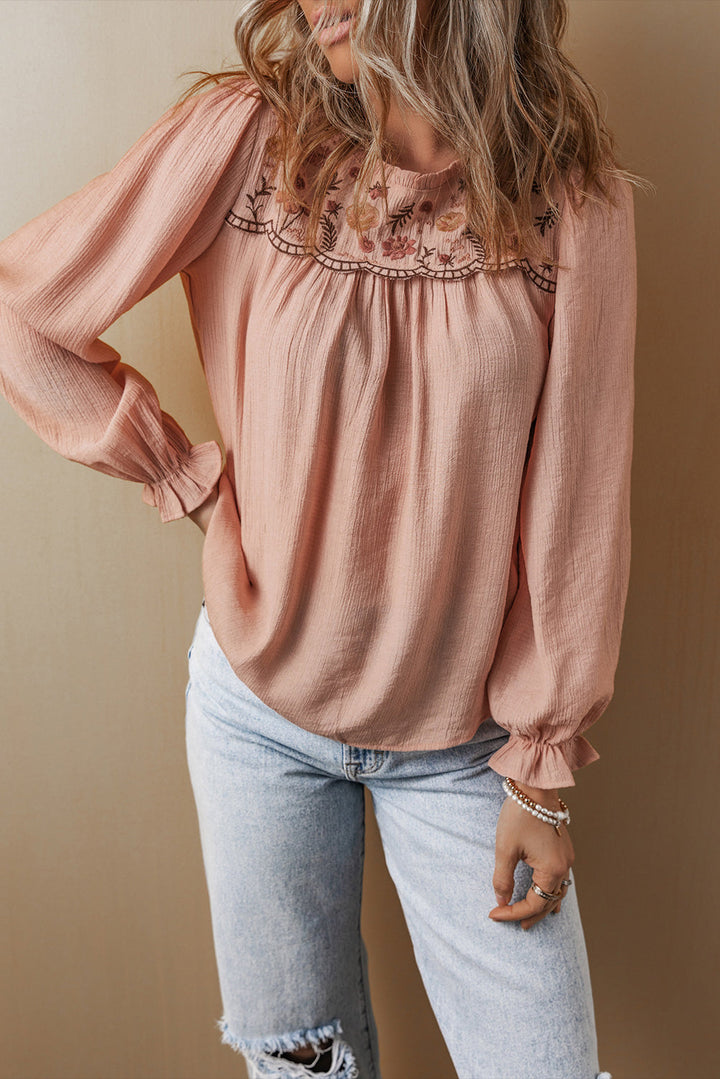 Floral Embroidered Textured Flounce Sleeve Elegant Blouse