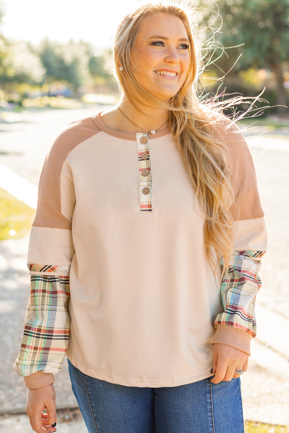 Plus Size Plaid Patchwork Layered Henley Top