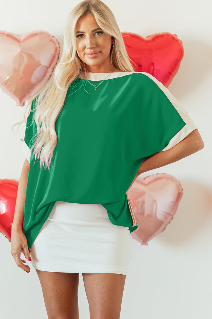 Oversized Color Block Boat Neck Tunic Blouse