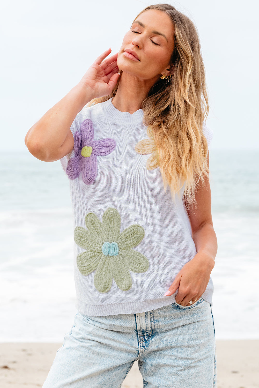 Multi Crochet Flower Knit Short Sleeve Sweater Tops