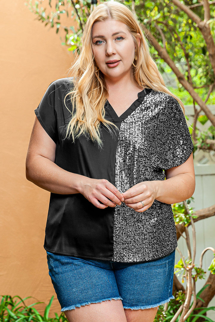 Plus Size Sequined Patchwork V Neck Tee