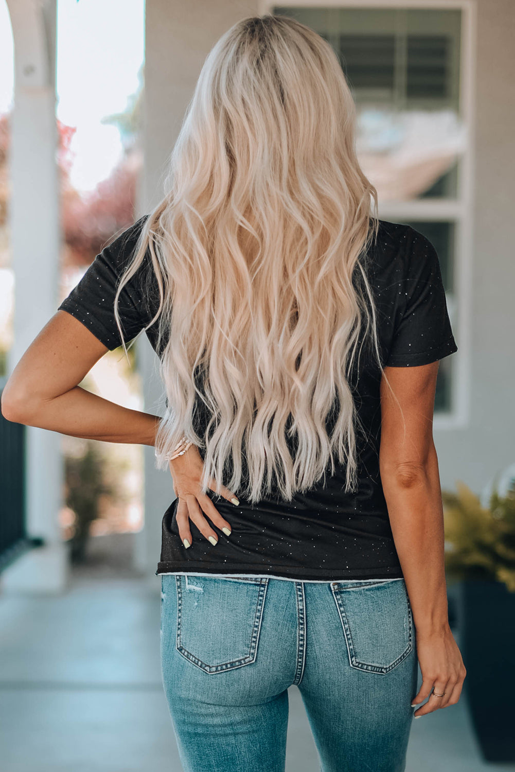 Black Tie-dyed Round Neck Short Sleeve T-shirt