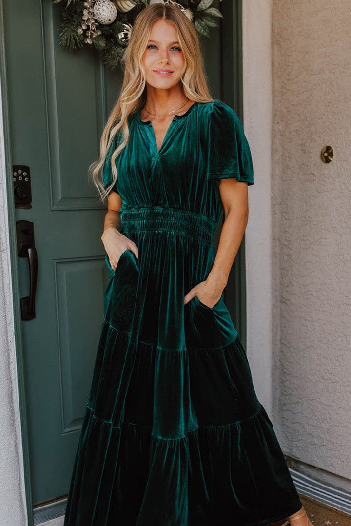 Velvet Short Sleeve Shirred Waist Tiered Maxi Dress