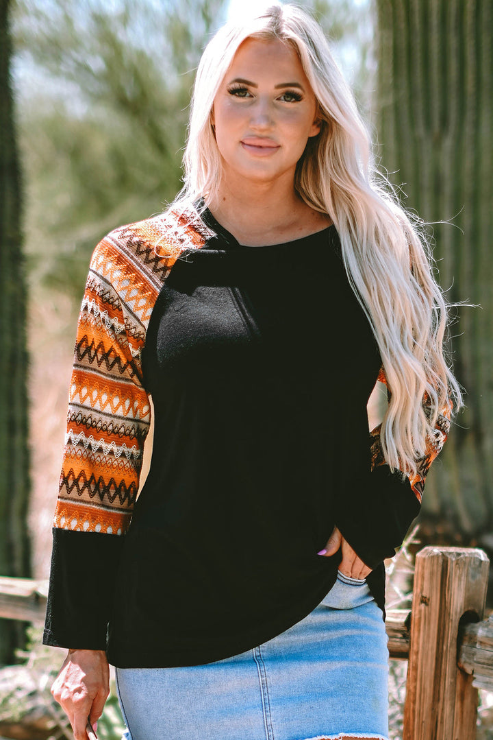 Geo Print Raglan Patchwork Long Sleeve Tee