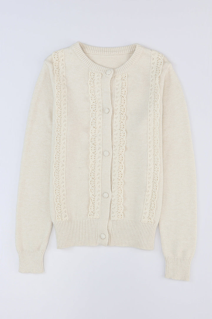 Lace Trim Ribbed Round Neck Button Up Cardigan