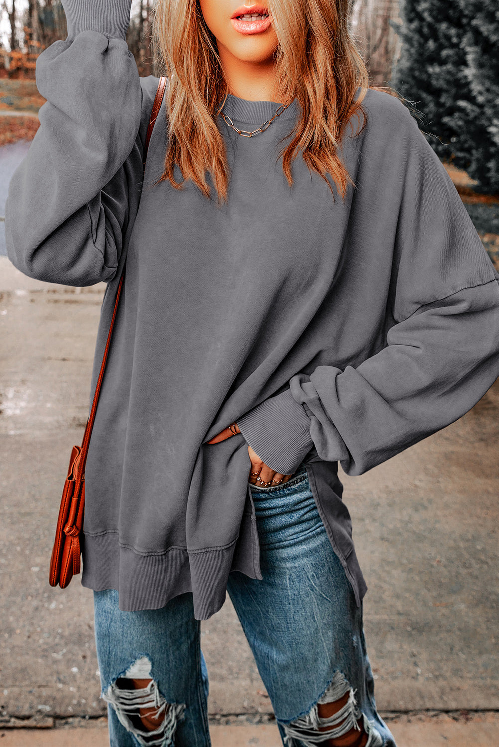 Drop Shoulder Ribbed Trim Oversized Sweatshirt