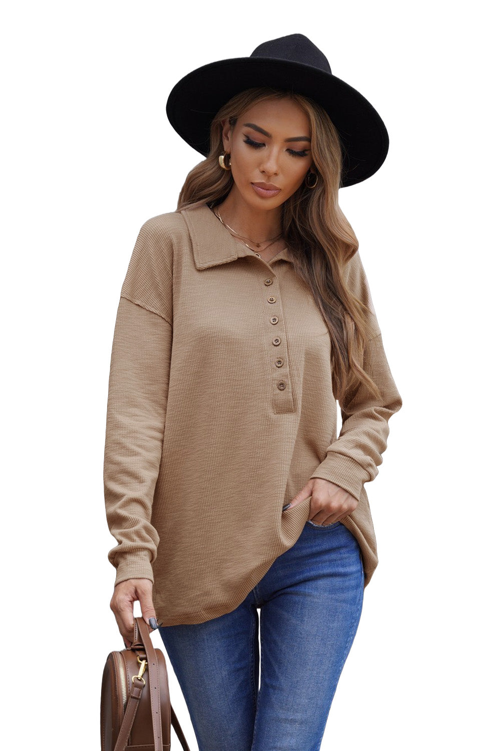 Button Front Turn-down Neck Knit Top