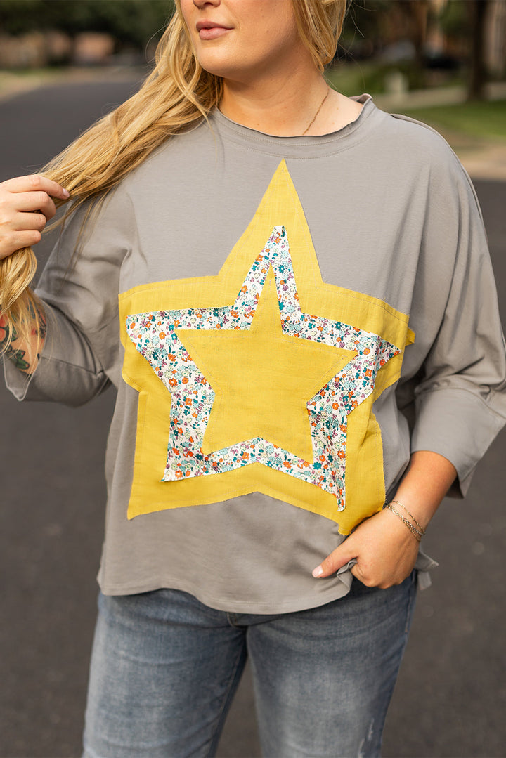 Floral Star Patched Pattern 3/4 Sleeve Plus Size Top