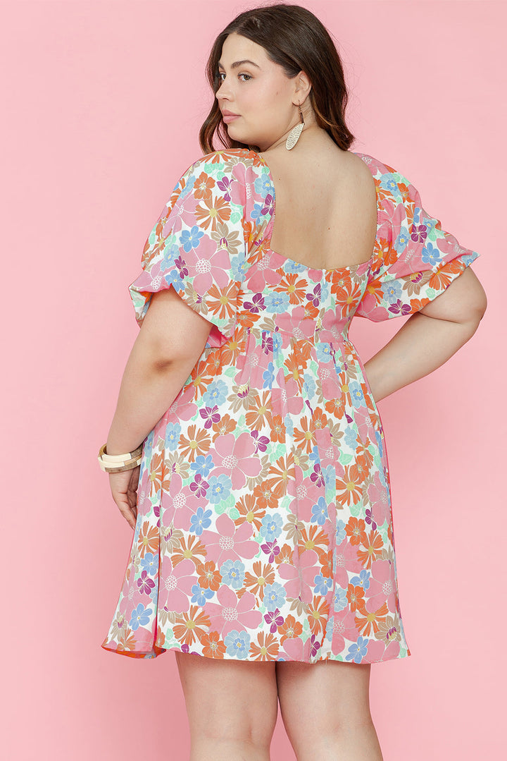 Floral Puff Sleeve Square Neck Plus Babydoll Dress