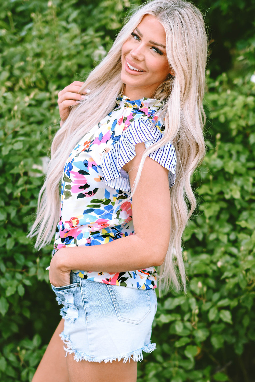 Floral Print Striped Ruffled Sleeve Blouse