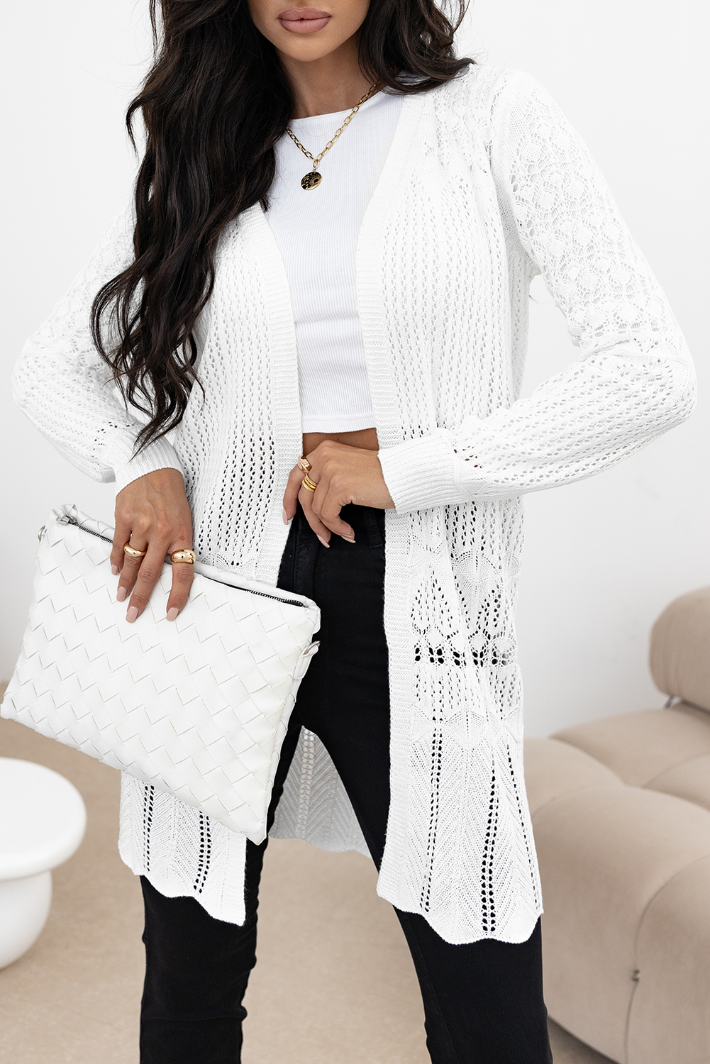 Crochet Hollow Out Open Front Cardigan