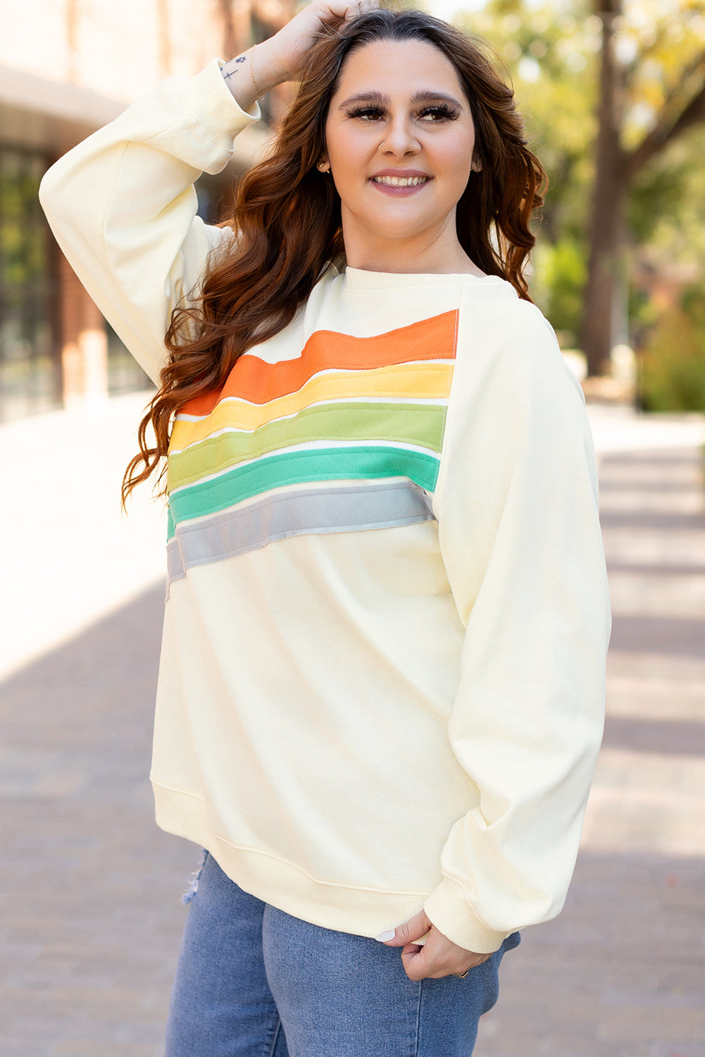 Rainbow Raglan Sleeve Crew Neck Plus Size Sweatshirt