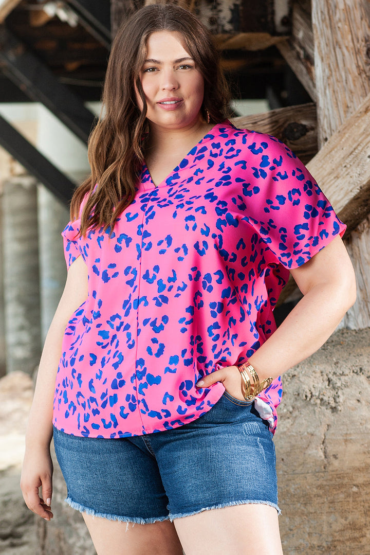 Contrast Leopard Print Plus Size V Neck Blouse