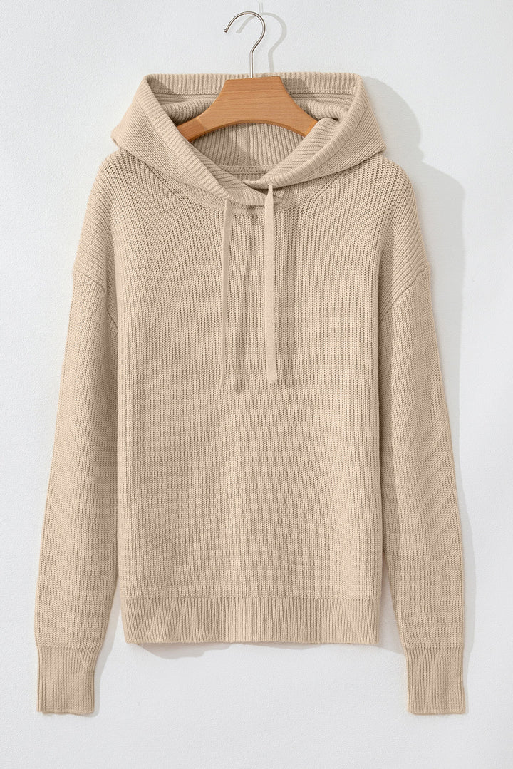 Solid Color Drawstring Hooded Drop Shoulder Pullover Sweater