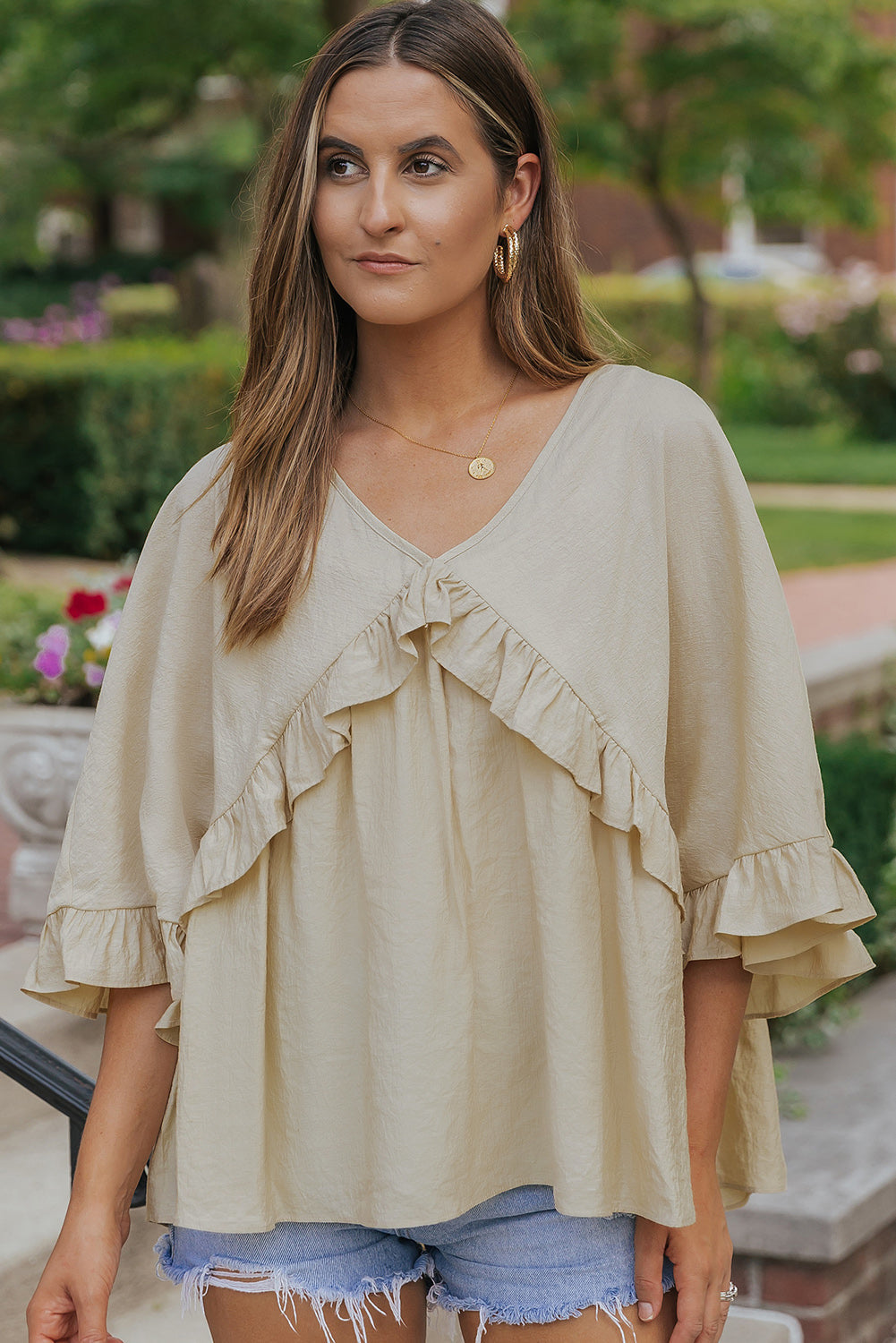 V Neck Draped Batwing Sleeve Ruffle Blouse