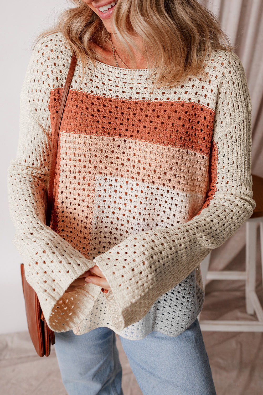 Pointelle Knit Colorblock Baggy Sweater