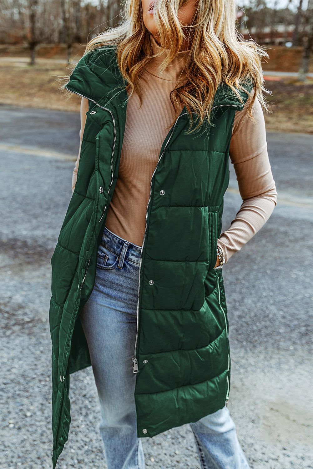 Hooded Long Quilted Vest Coat