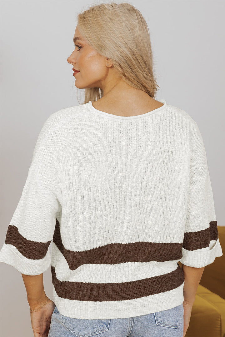 Brown Striped Accent Notched V Neck Cropped Sweater T Shirt