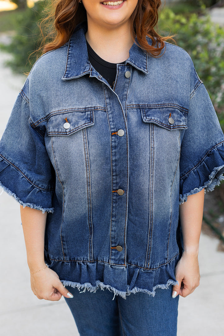 Ruffled Frayed Short Sleeve Plus Size Denim Jacket