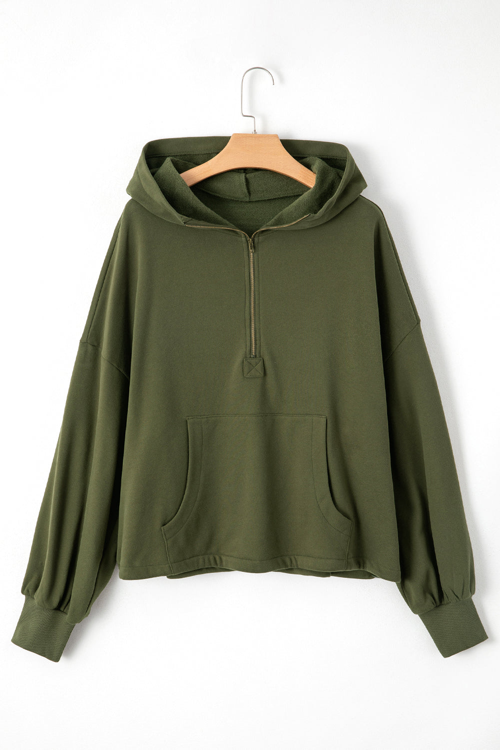 Fleece Lined Half Zipper Kangaroo Pockets Loose Hoodie