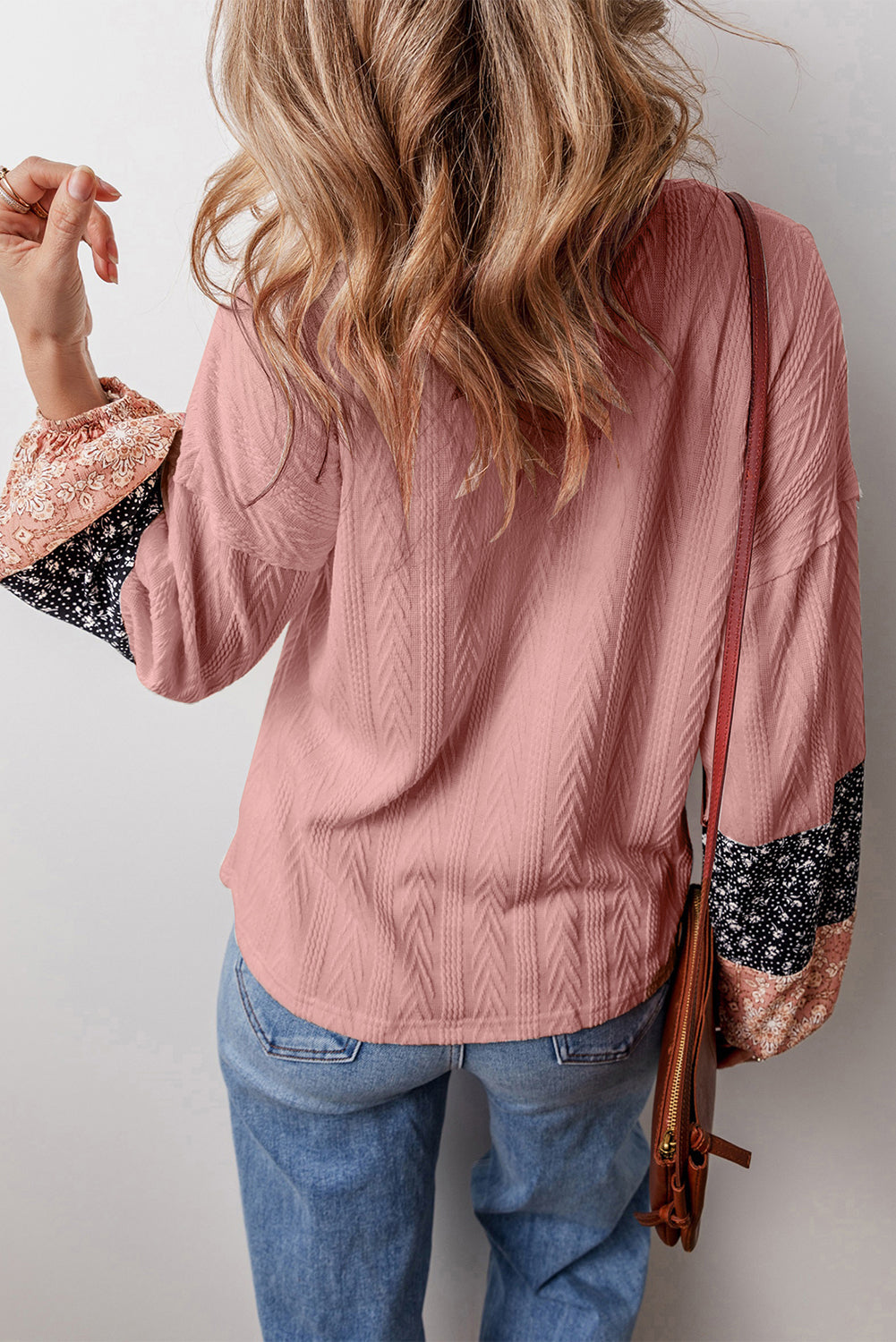 Floral Patchwork Textured Knit Drawstring V Neck Blouse