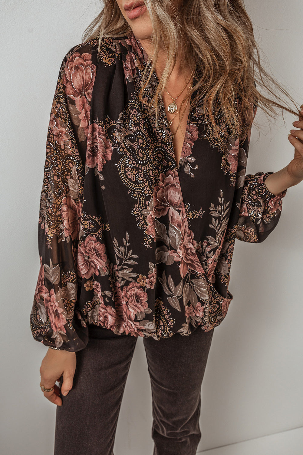 Floral Print Criss Cross V Neck Balloon Sleeve Blouse