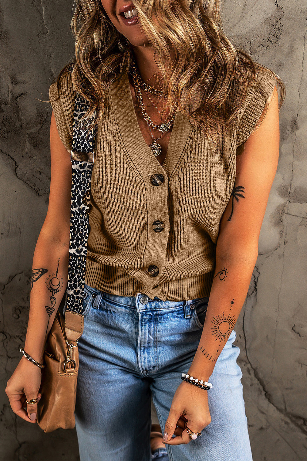 V Neck Buttoned Front Sweater Vest