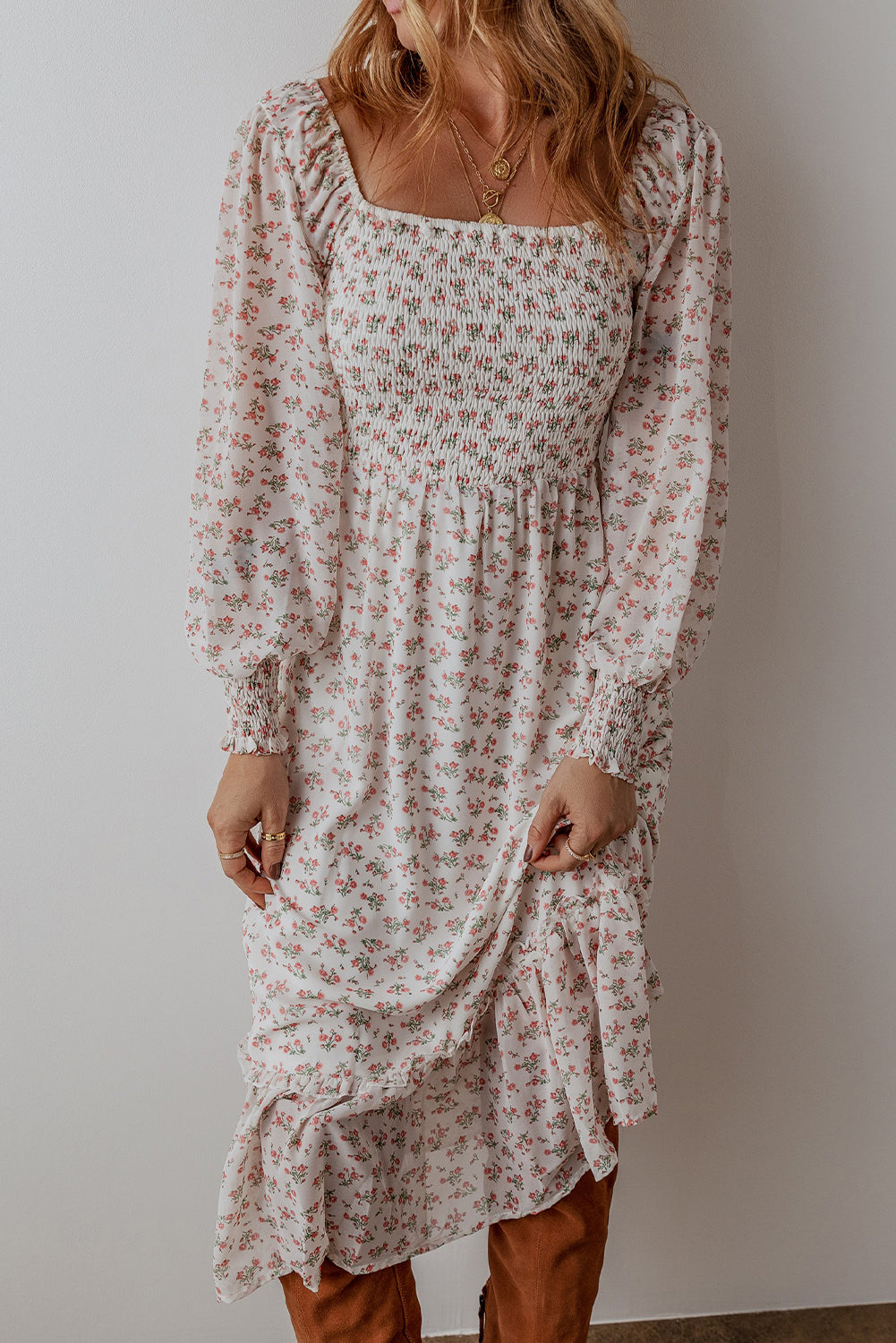 Floral Print Shirred Ruffled Hem Square Neck Midi Dress